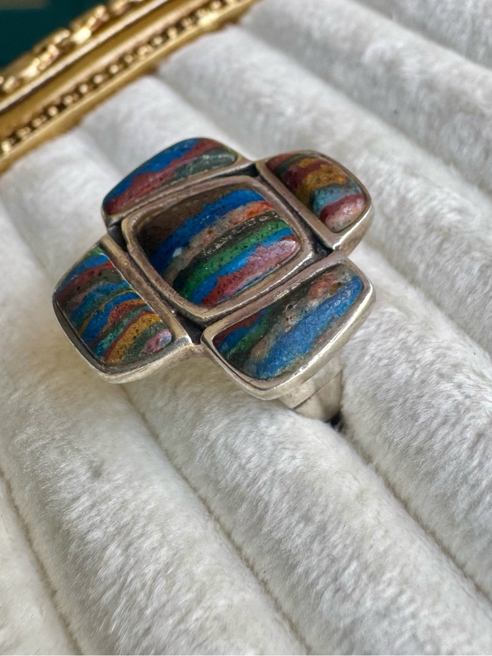 Vintage Studio BARSE Sterling Silver Rainbow Calsilica Mosaic Statement Ring 925